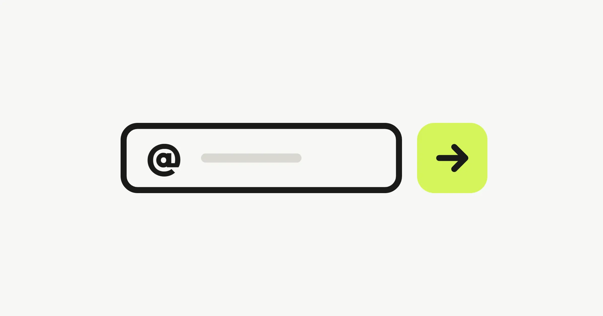 Un champ email dessiné au trait noir, marqué d'une arobase, et à côté un bouton d'envoi lime avec une flèche.