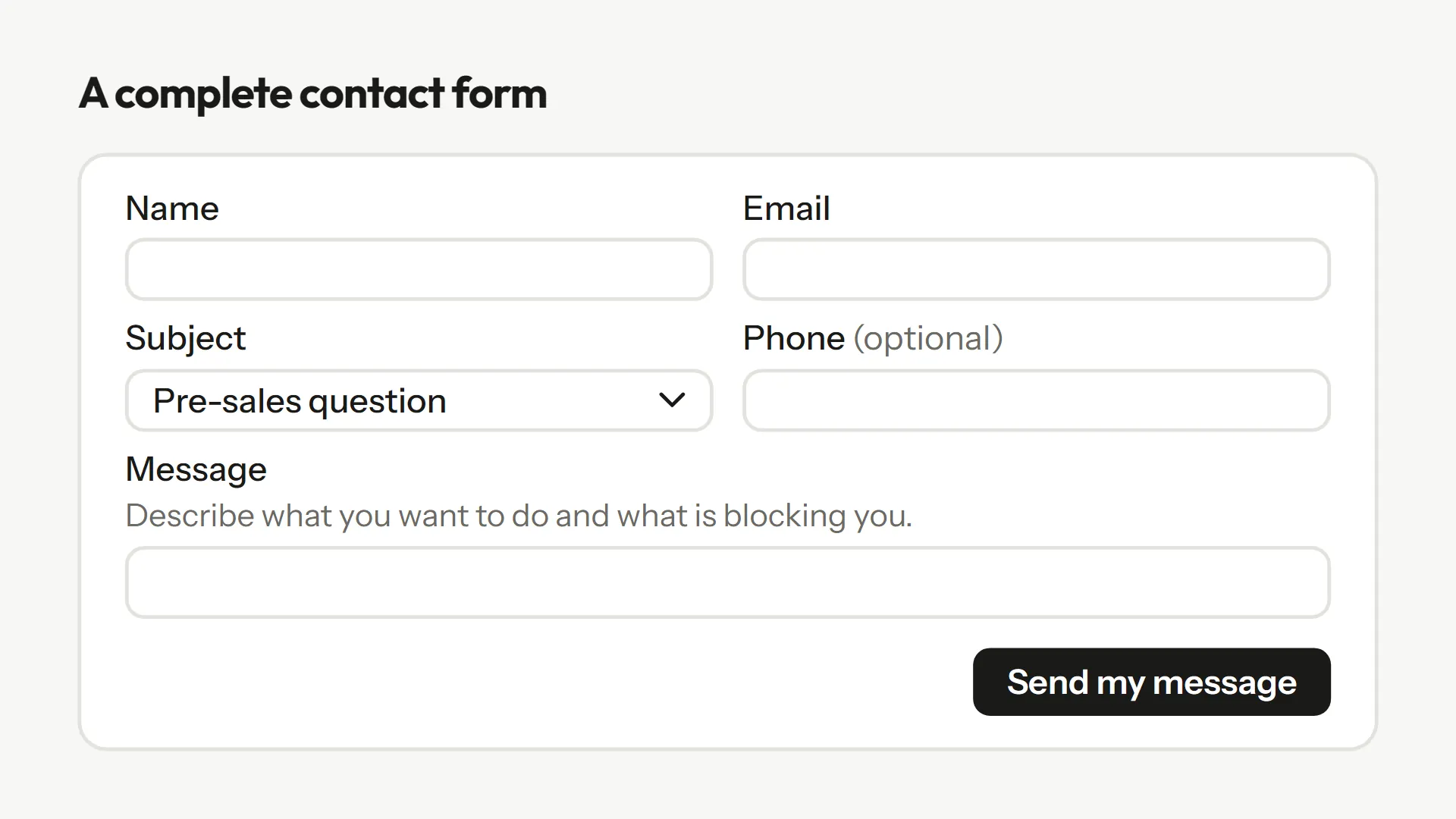 Mock-up of a contact form: name, email, subject list, message with instruction, optional phone and a send button.