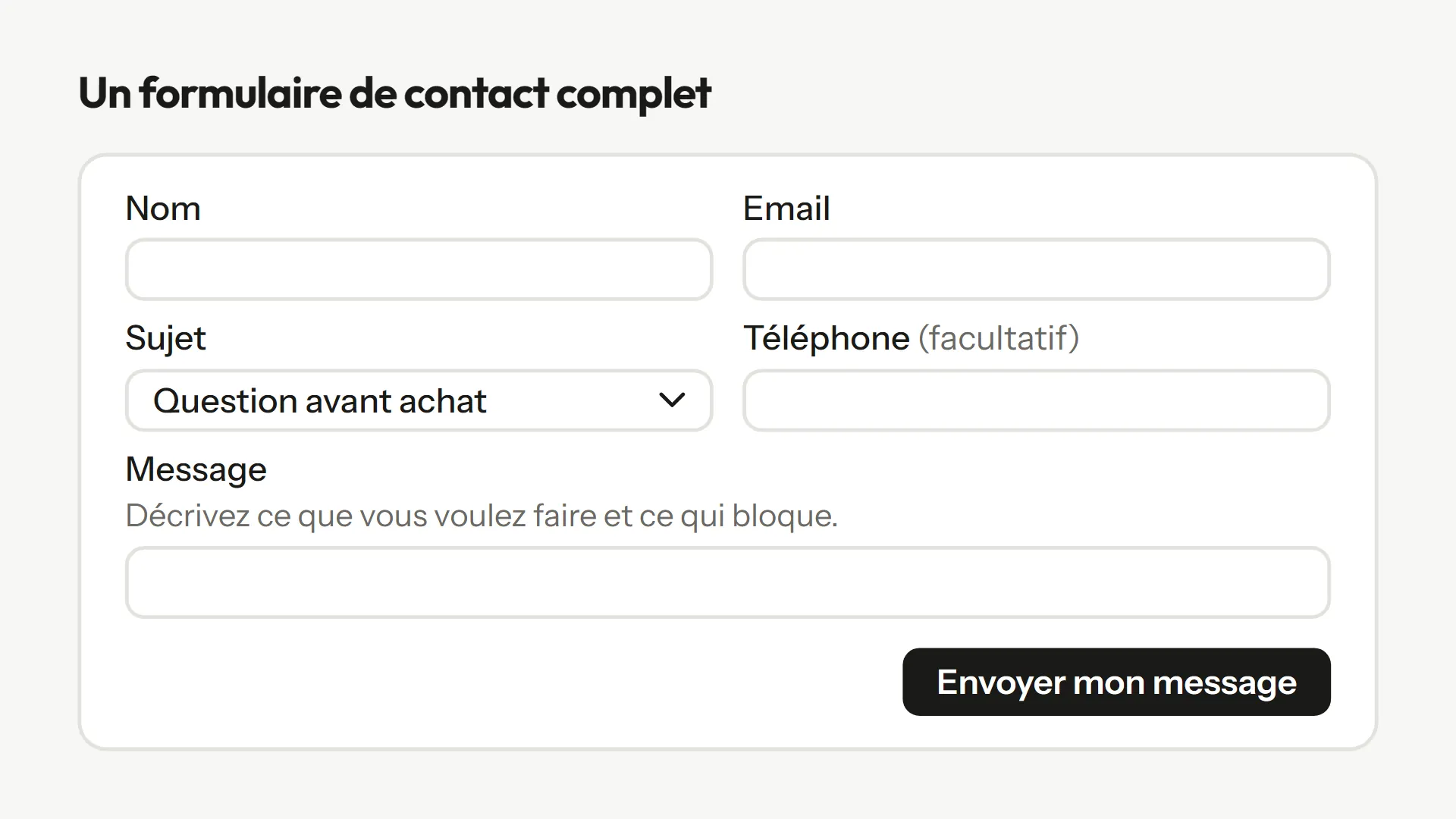 Maquette d'un formulaire de contact : nom, email, sujet en liste, message avec consigne, téléphone facultatif et bouton d'envoi.